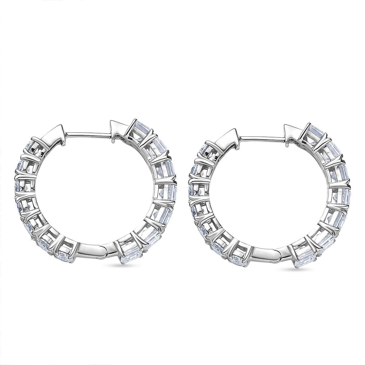 D'Joy Moissanite Full Hoop Earring in Rhodium Overlay Sterling Silver 7.17 Ct, Silver Wt. 6.17 Gms.