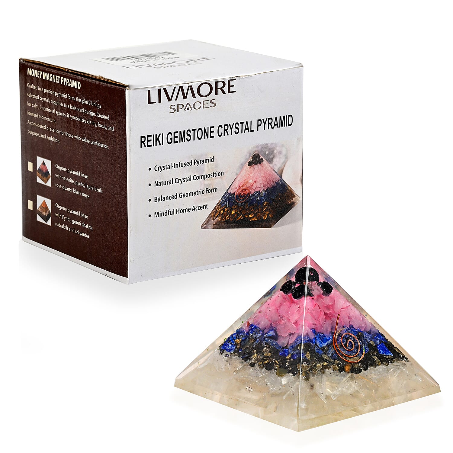 LIVMORE Gemstone Orgone Decorative Pyramid (5cm) With Selenite, Pyrite, Lapis Lazuli, Rose Quartz and Black Onyx