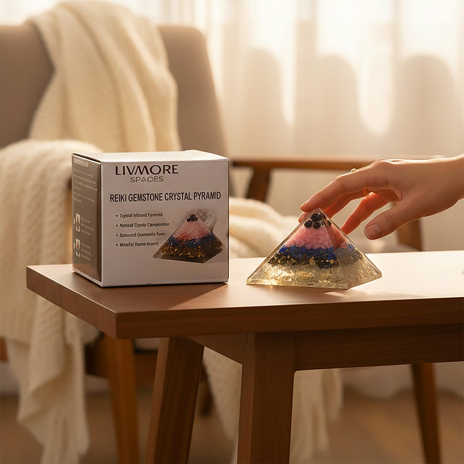 LIVMORE Gemstone Orgone Decorative Pyramid (5cm) With Selenite, Pyrite, Lapis Lazuli, Rose Quartz and Black Onyx