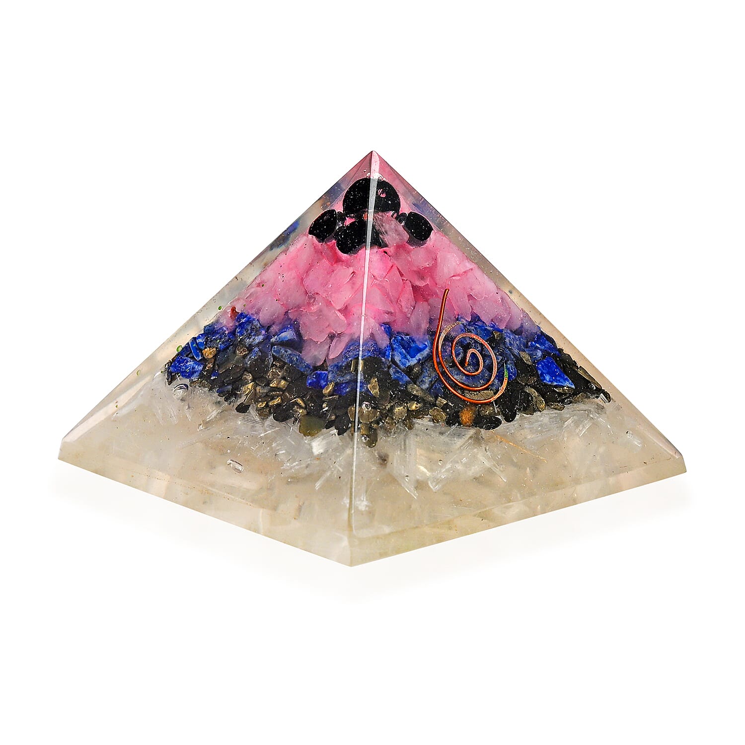 LIVMORE Gemstone Orgone Decorative Pyramid (5cm) With Selenite, Pyrite, Lapis Lazuli, Rose Quartz and Black Onyx