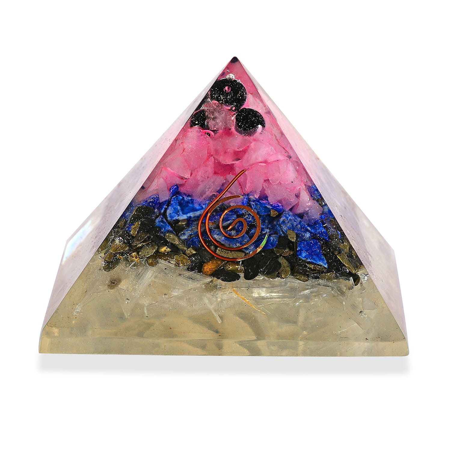 LIVMORE Gemstone Orgone Decorative Pyramid (5cm) With Selenite, Pyrite, Lapis Lazuli, Rose Quartz and Black Onyx
