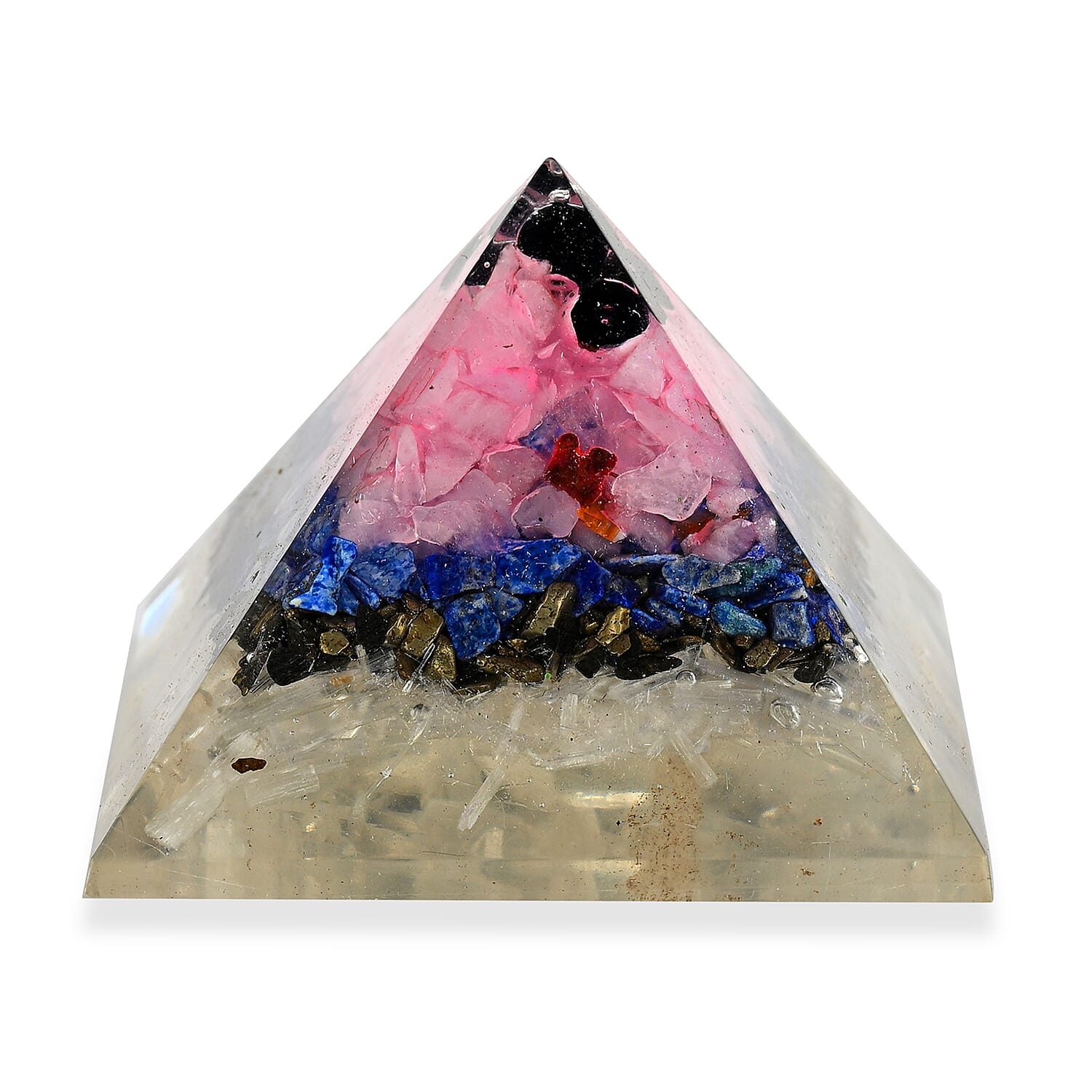 LIVMORE Gemstone Orgone Decorative Pyramid (5cm) With Selenite, Pyrite, Lapis Lazuli, Rose Quartz and Black Onyx