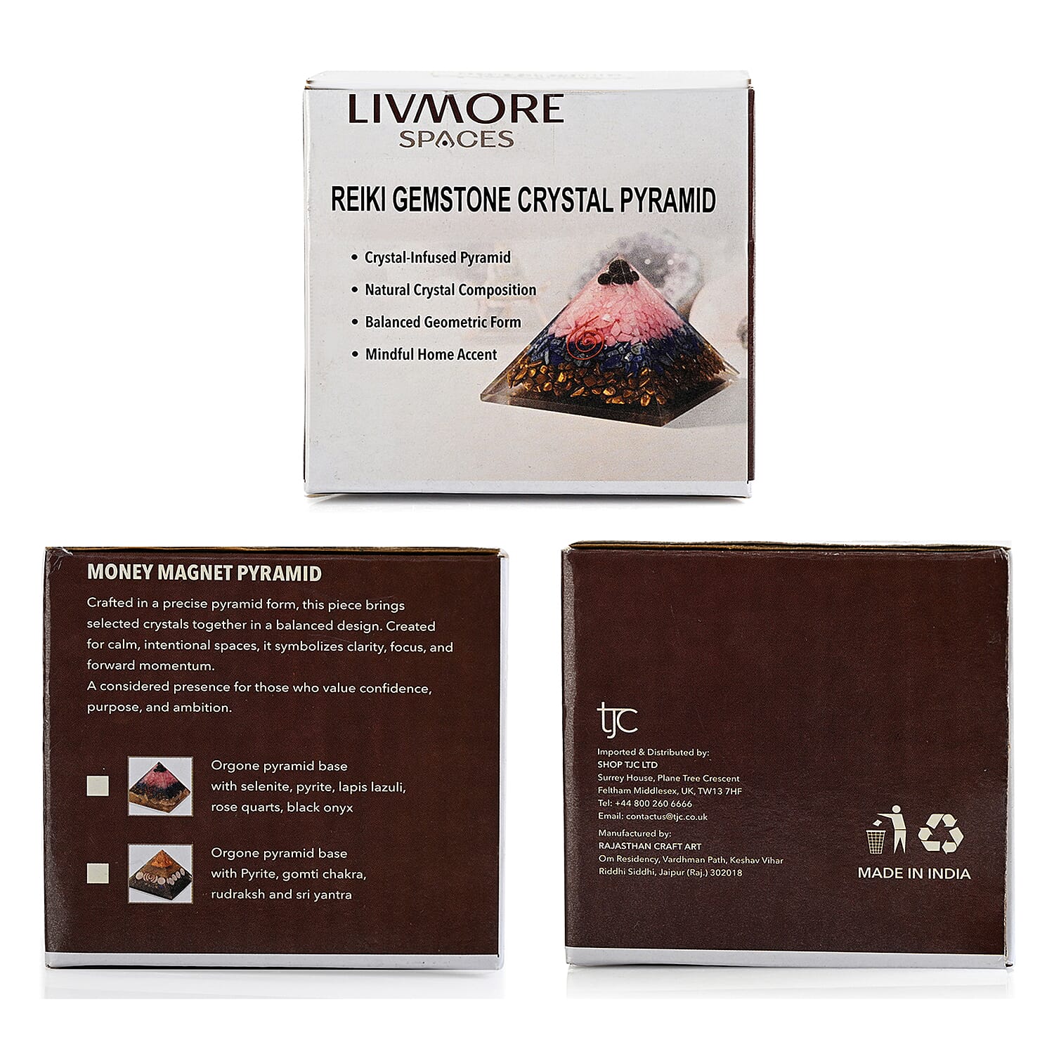 LIVMORE Gemstone Orgone Decorative Pyramid (5cm) With Selenite, Pyrite, Lapis Lazuli, Rose Quartz and Black Onyx