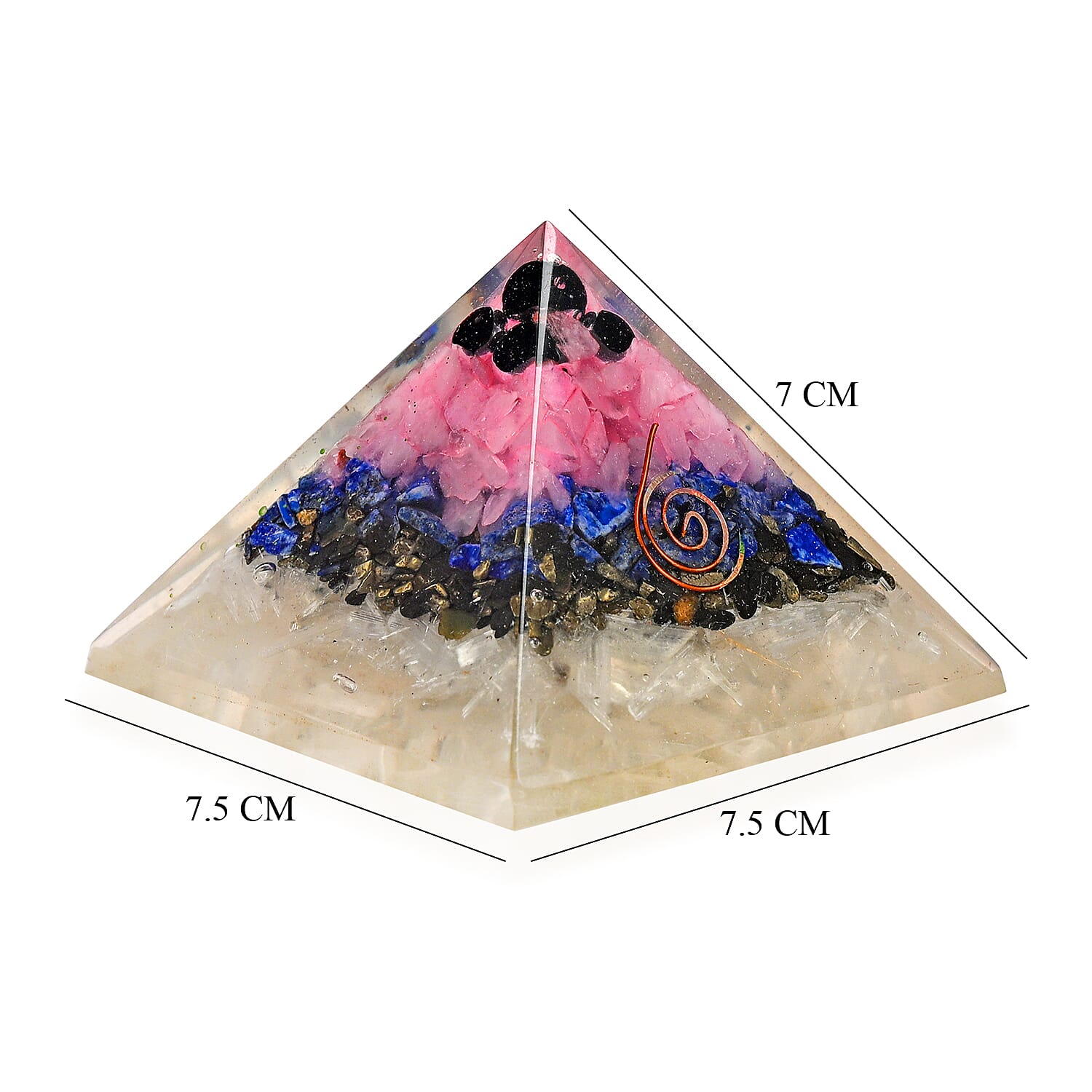 LIVMORE Gemstone Orgone Decorative Pyramid (5cm) With Selenite, Pyrite, Lapis Lazuli, Rose Quartz and Black Onyx