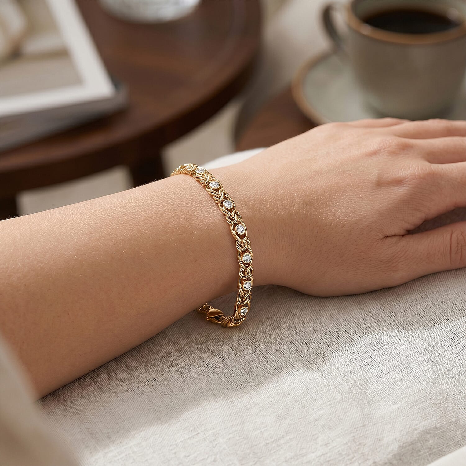 Ottoman Treasure - Luxuriant Lab Grown Diamond (SI-GH) Byzantine Bracelet  (Size 7.5) in 18K Vermeil Yellow Gold Sterling Silver 1.13 Ct, Silver Wt 12.51 Gms
