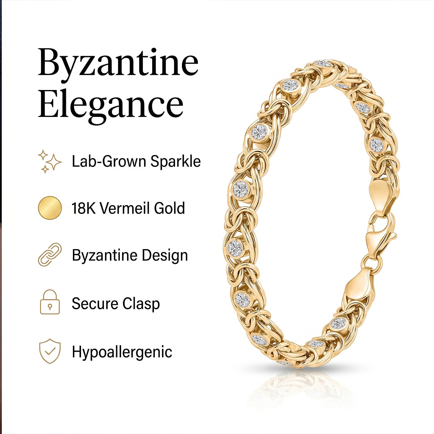 Ottoman Treasure - Luxuriant Lab Grown Diamond (SI-GH) Byzantine Bracelet  (Size 7.5) in 18K Vermeil Yellow Gold Sterling Silver 1.13 Ct, Silver Wt 12.51 Gms
