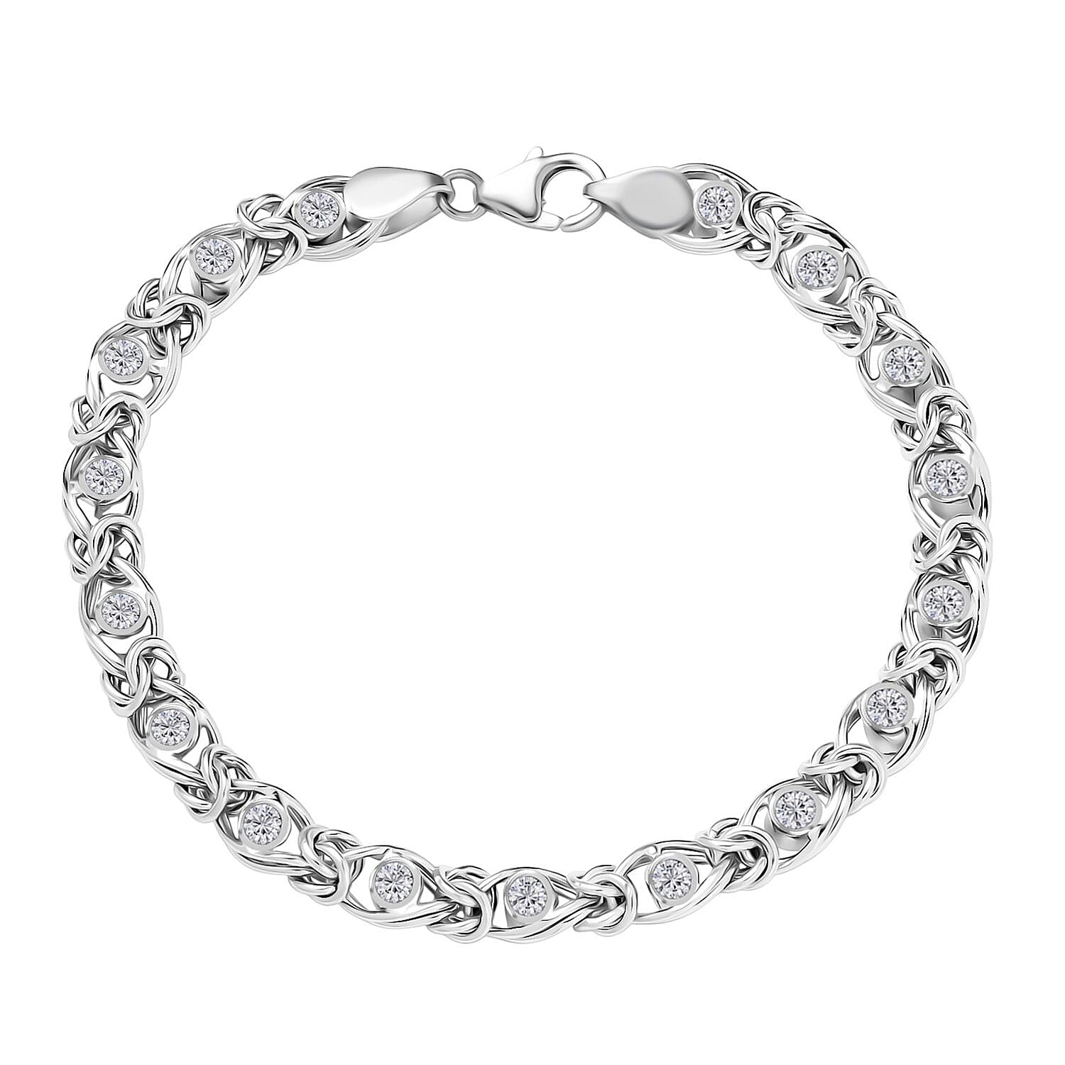 Ottoman Treasure- Luxuriant Lab Grown Diamond (SI-GH) Byzantine Bracelet (Size 7.5) in Platinum Overlay Sterling Silver 1.15 Cts, Silver Wt. 12.51 Gms