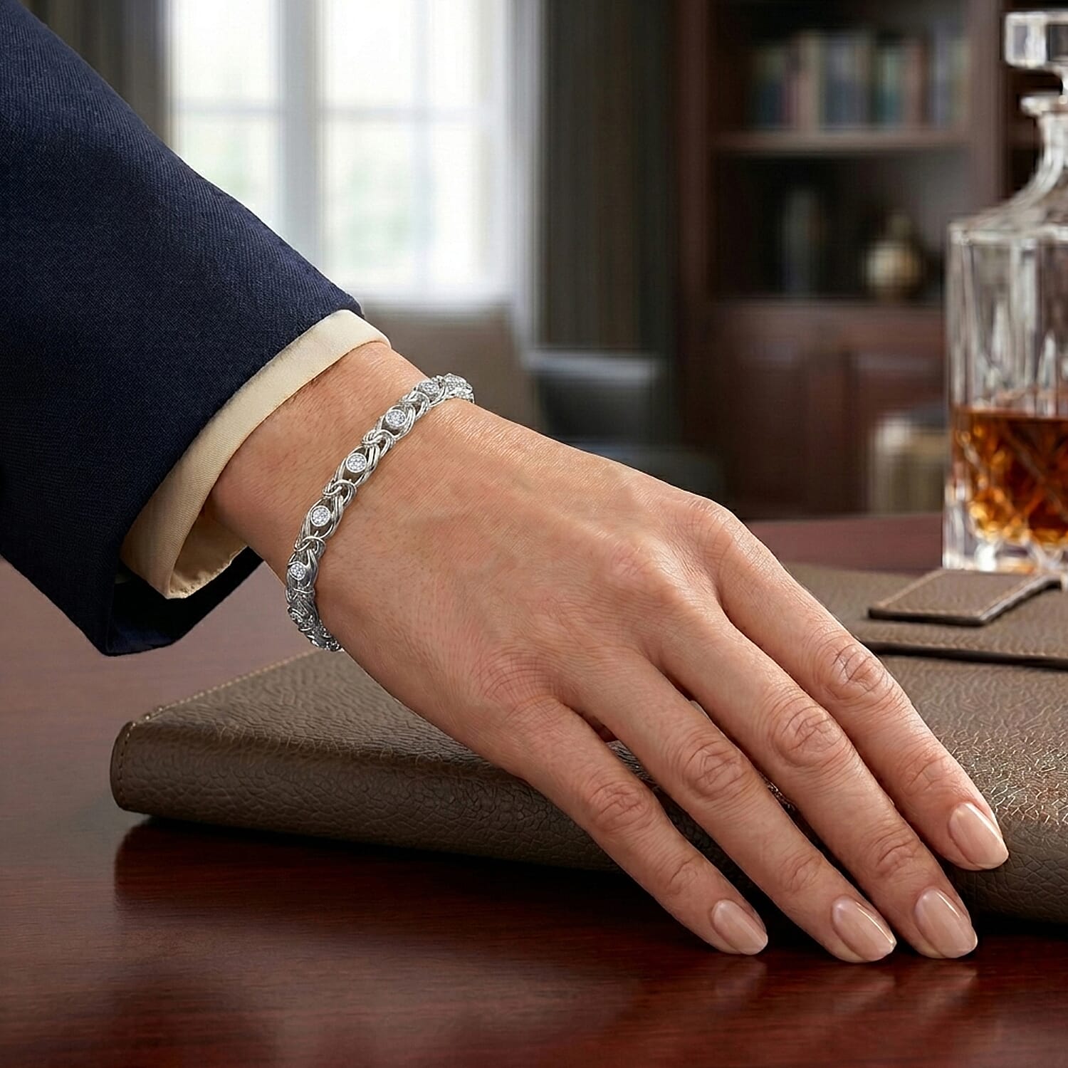 Ottoman Treasure- Luxuriant Lab Grown Diamond (SI-GH) Byzantine Bracelet (Size 7.5) in Platinum Overlay Sterling Silver 1.15 Cts, Silver Wt. 12.51 Gms
