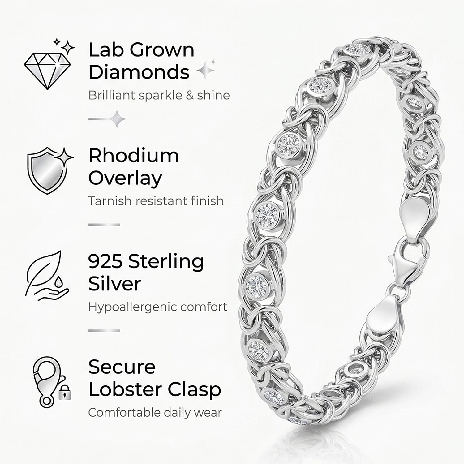 Ottoman Treasure- Luxuriant Lab Grown Diamond (SI-GH) Byzantine Bracelet (Size 7.5) in Platinum Overlay Sterling Silver 1.15 Cts, Silver Wt. 12.51 Gms