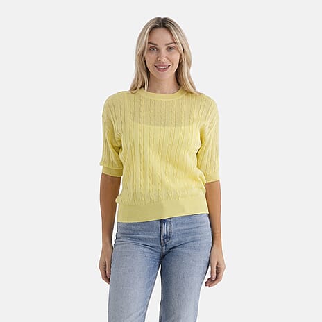 - Maisi Lightweight Cable Knit Half-Sleeve Jumper (Size S) - Yellow