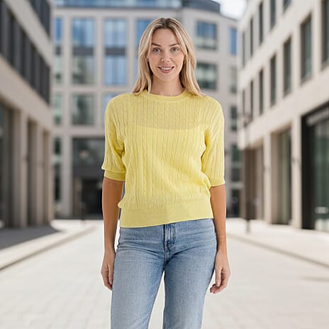 - Maisi Lightweight Cable Knit Half-Sleeve Jumper (Size M) - Yellow