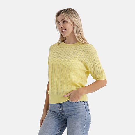 - Maisi Lightweight Cable Knit Half-Sleeve Jumper (Size XL) - Yellow