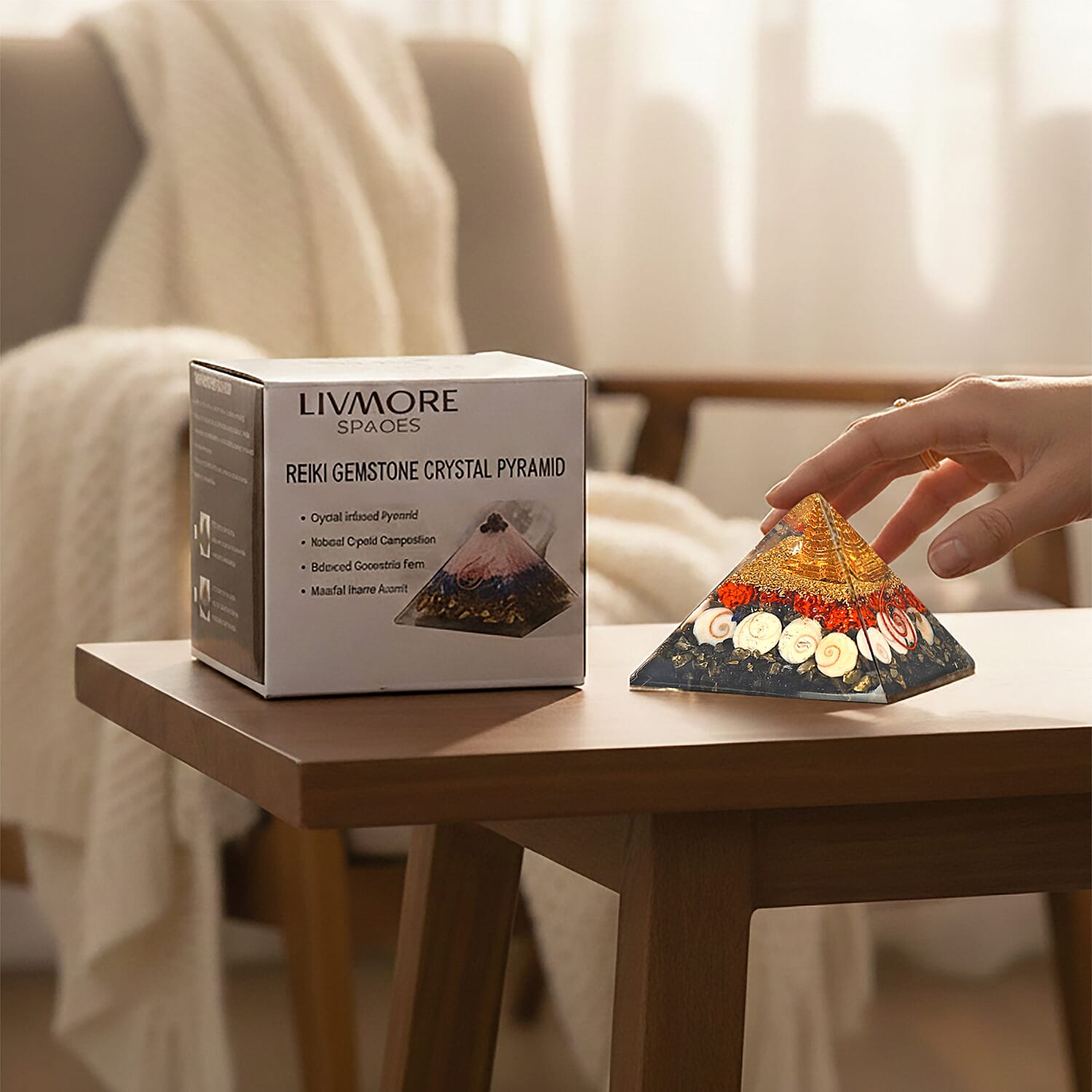 LIVMORE Gemstone Orgone Decorative Pyramid (5cm) With Pyrite