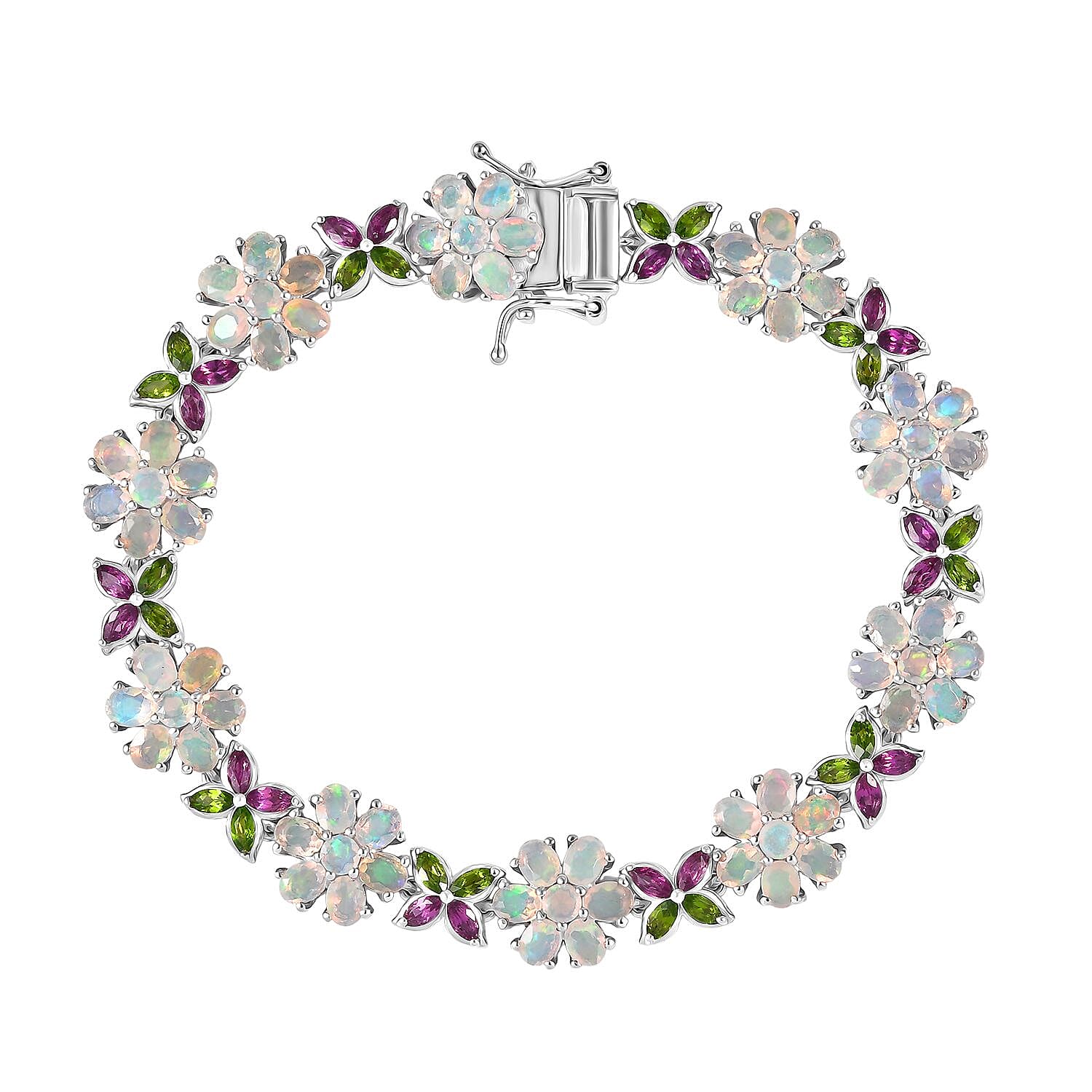 D'Joy Ethiopian Opal, Rhodolite Garnet & Natural Chrome Diopside Cluster Bracelet (Size 7.5) with GB Lock Box in Rhodium Overlay Sterling Silver 10.68 Ct, Silver Wt. 15.71 Gms.