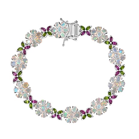 D'Joy Ethiopian Opal, Rhodolite Garnet & Natural Chrome Diopside Cluster Bracelet (Size 7.5) with GB Lock Box in Rhodium Overlay Sterling Silver 10.68 Ct, Silver Wt. 15.71 Gms.