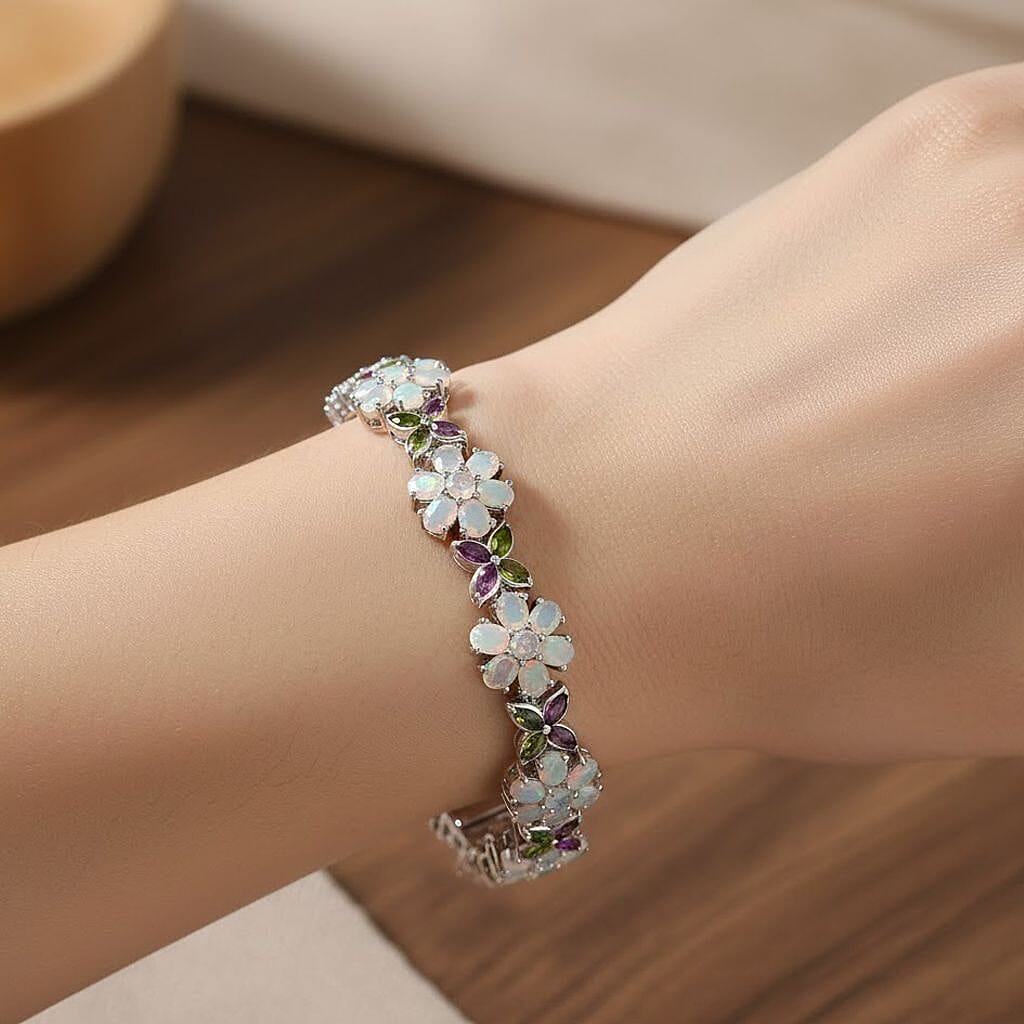 D'Joy Ethiopian Opal, Rhodolite Garnet & Natural Chrome Diopside Cluster Bracelet (Size 7.5) with GB Lock Box in Rhodium Overlay Sterling Silver 10.68 Ct, Silver Wt. 15.71 Gms.