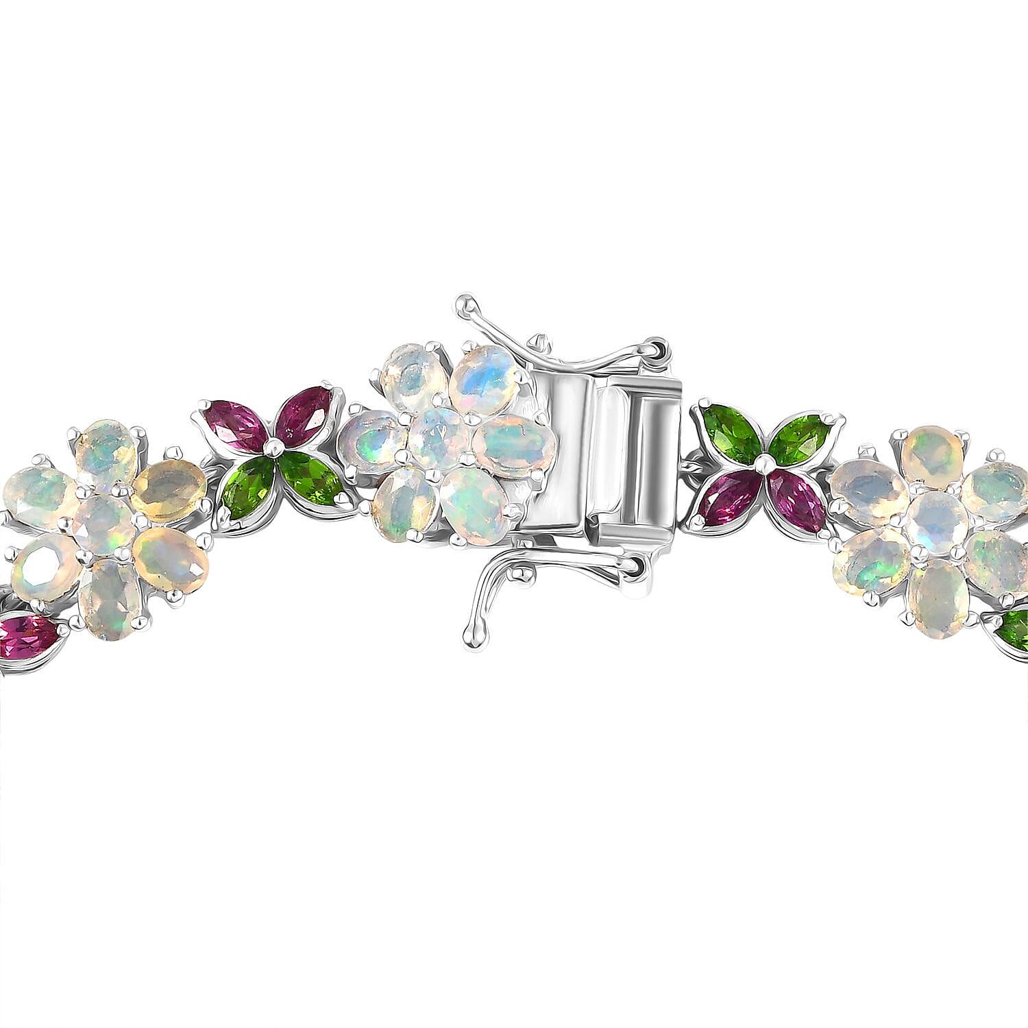 D'Joy Ethiopian Opal, Rhodolite Garnet & Natural Chrome Diopside Cluster Bracelet (Size 7.5) with GB Lock Box in Rhodium Overlay Sterling Silver 10.68 Ct, Silver Wt. 15.71 Gms.