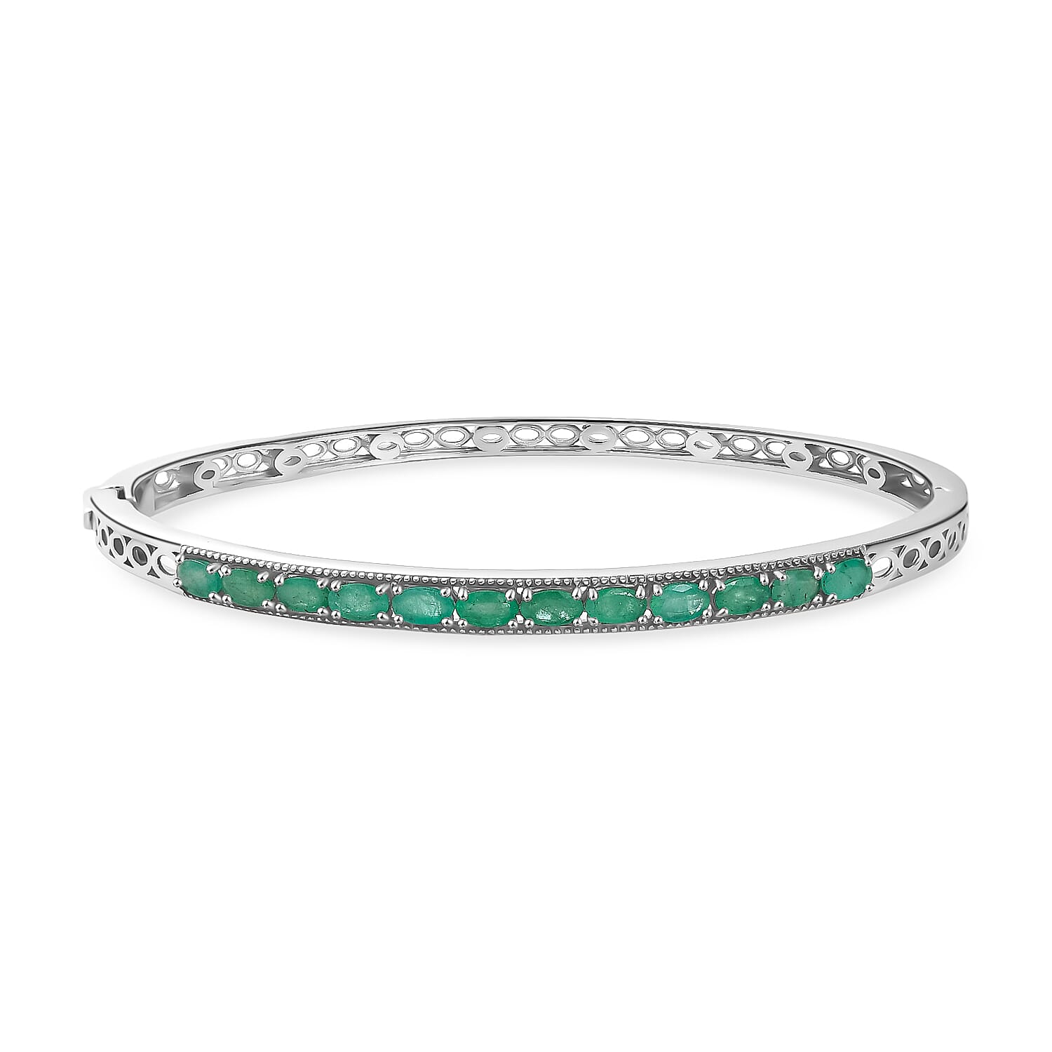 D'Joy Emerald Full Bangle (Size 7.5) in Rhodium Overlay Sterling Silver 2.56 Ct, Silver Wt. 12.06 Gms.