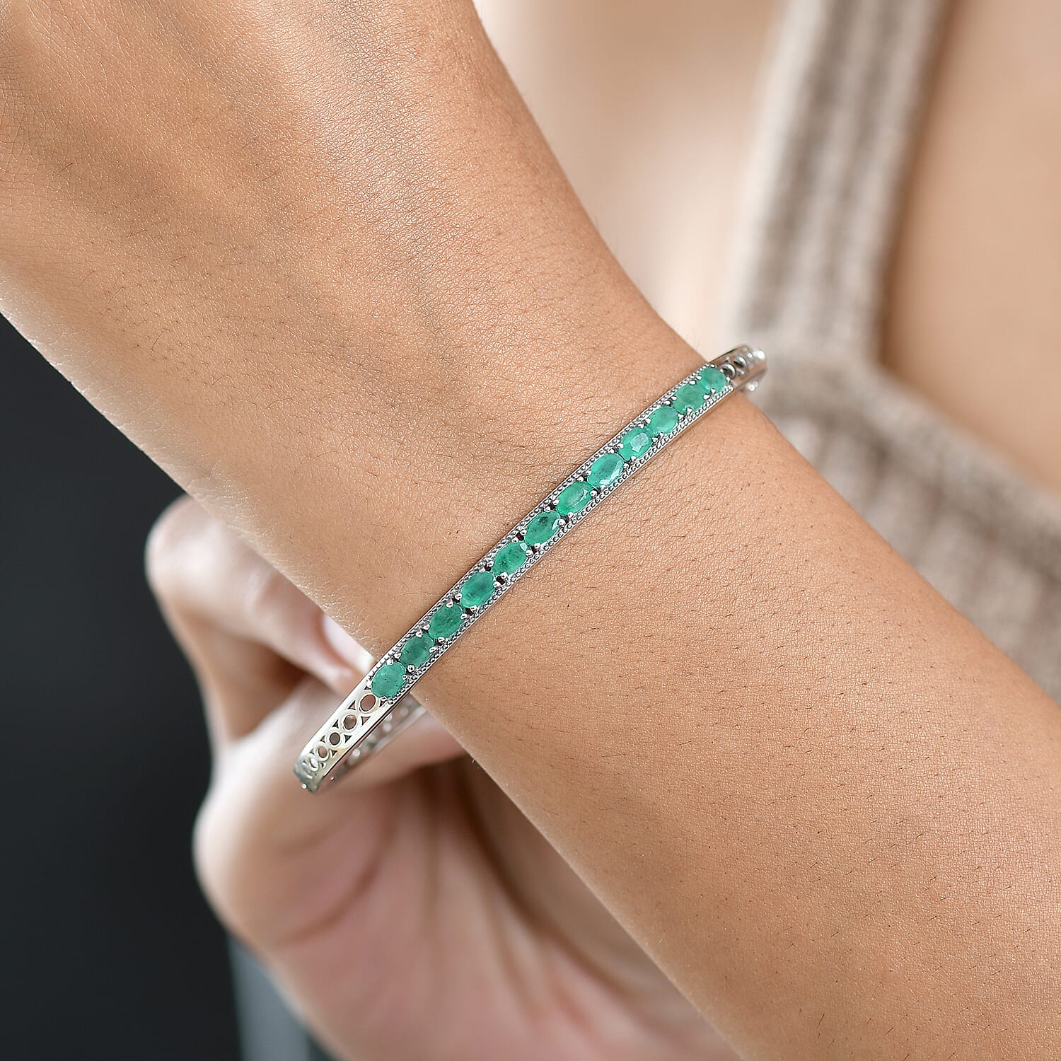 D'Joy Emerald Full Bangle (Size 7.5) in Rhodium Overlay Sterling Silver 2.56 Ct, Silver Wt. 12.06 Gms.