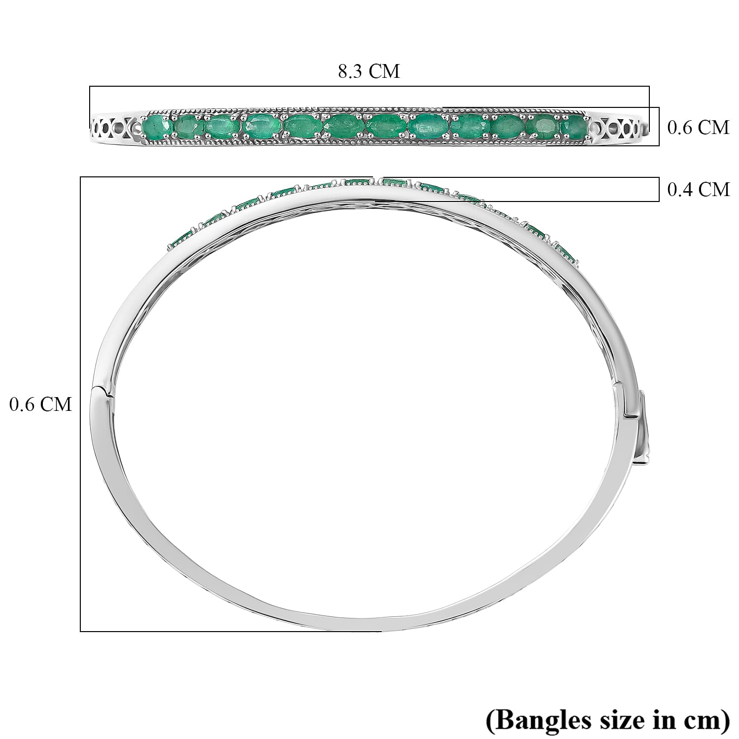 D'Joy Emerald Full Bangle (Size 7.5) in Rhodium Overlay Sterling Silver 2.56 Ct, Silver Wt. 12.06 Gms.