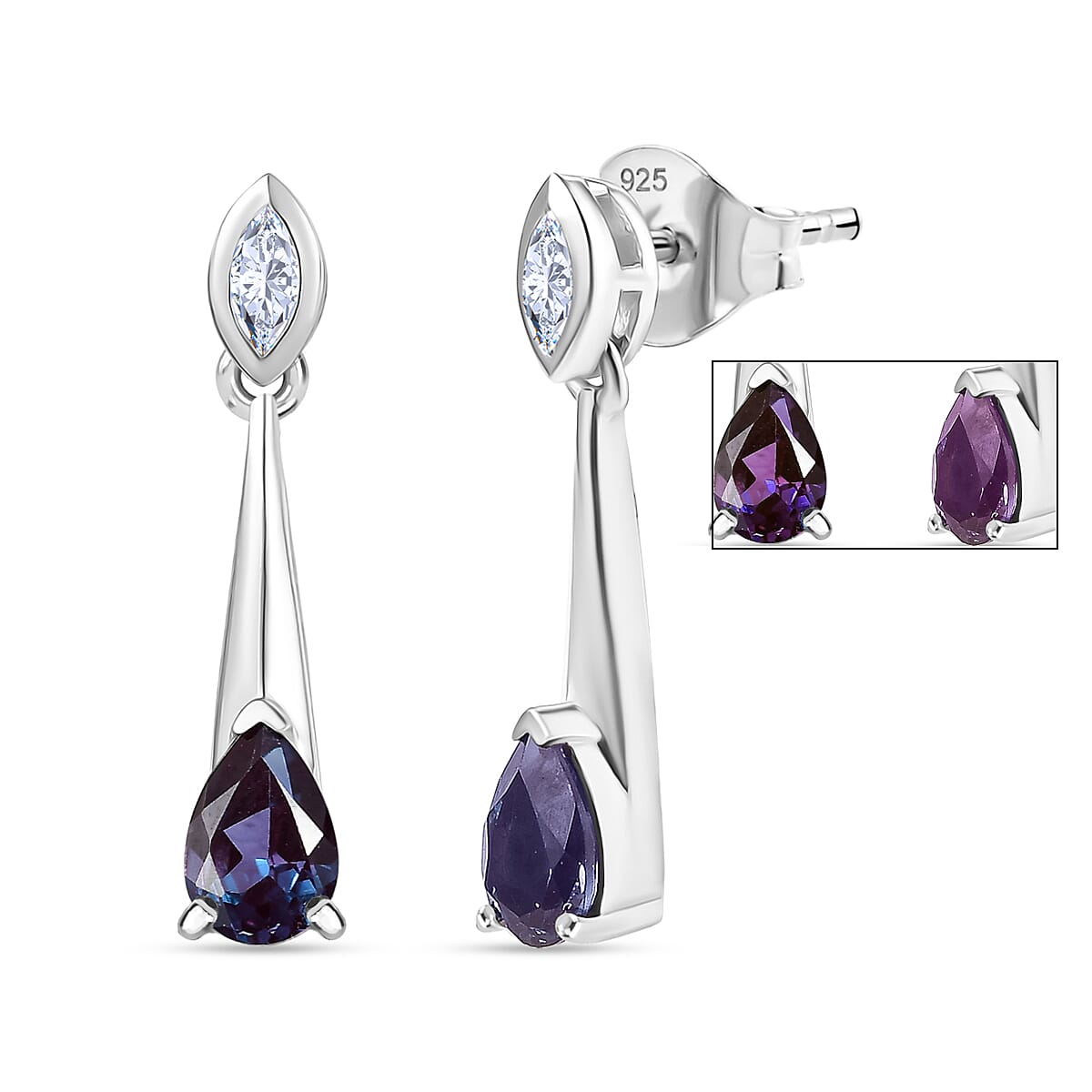 Luxuriant Lab Grown Alexandrite & White Topaz 2 Stone Push Post Earring in Rhodium Overlay Sterling Silver 1.11 Ct.