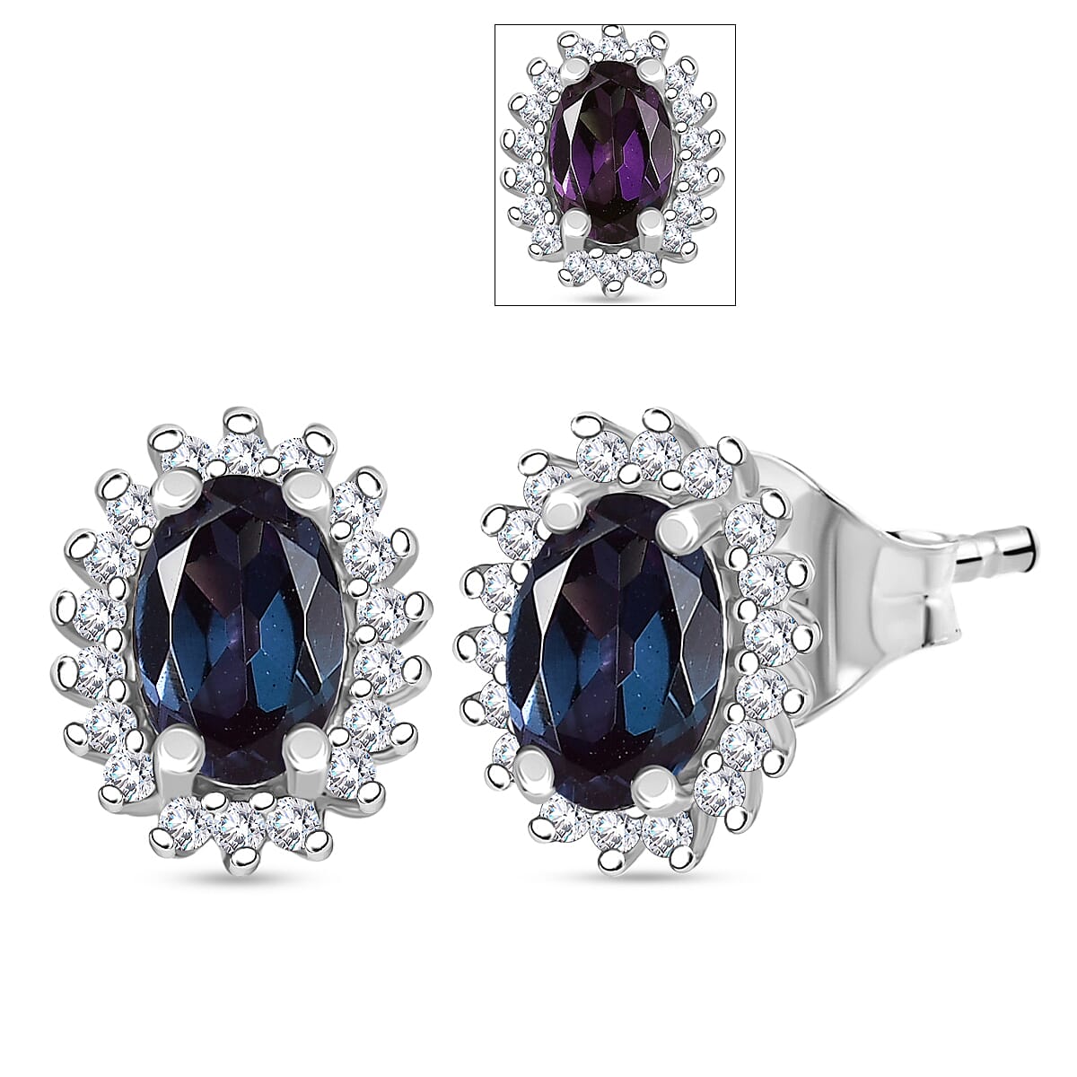 Luxuriant Lab Grown Alexandrite & White Zircon Earring with Push Back in Platinum Overlay Sterling Silver 1.44 Ct.