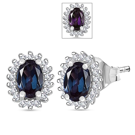 Luxuriant Lab Grown Alexandrite & White Zircon Earring with Push Back in Platinum Overlay Sterling Silver 1.44 Ct.