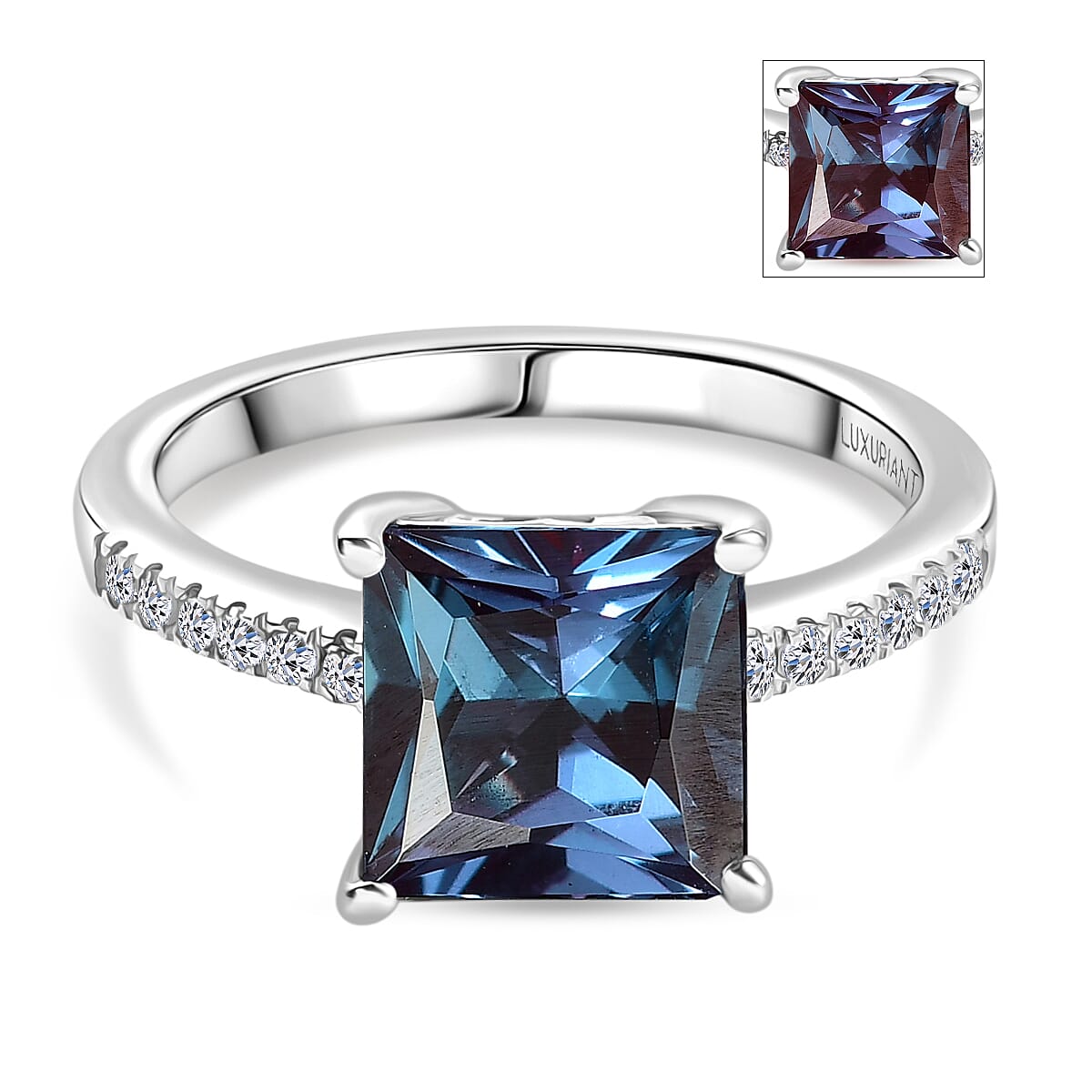 Luxuriant Lab Grown Alexandrite & Lab Grown Diamond Ring in Rhodium Overlay Sterling Silver 3.42 Ct.