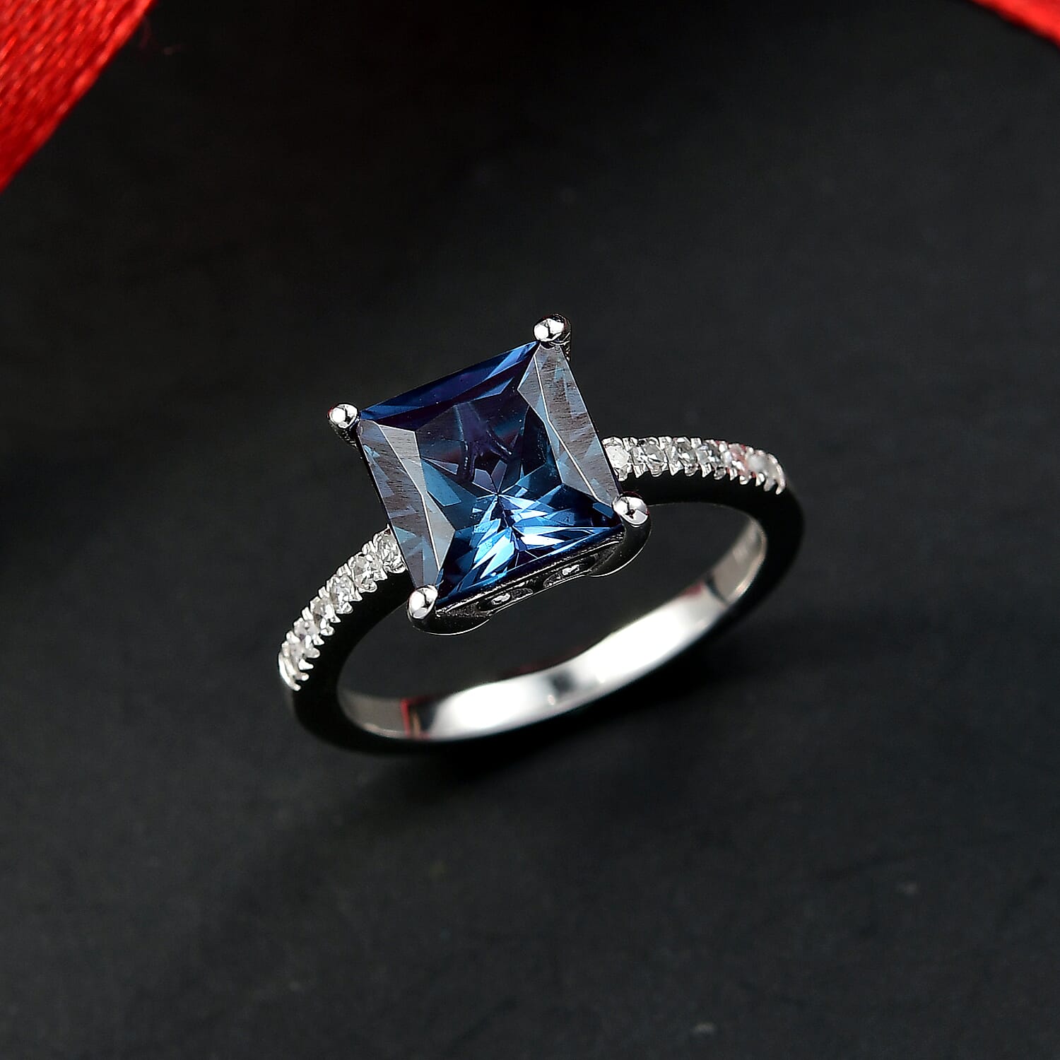 Luxuriant Lab Grown Alexandrite & Lab Grown Diamond Ring in Rhodium Overlay Sterling Silver 3.42 Ct.