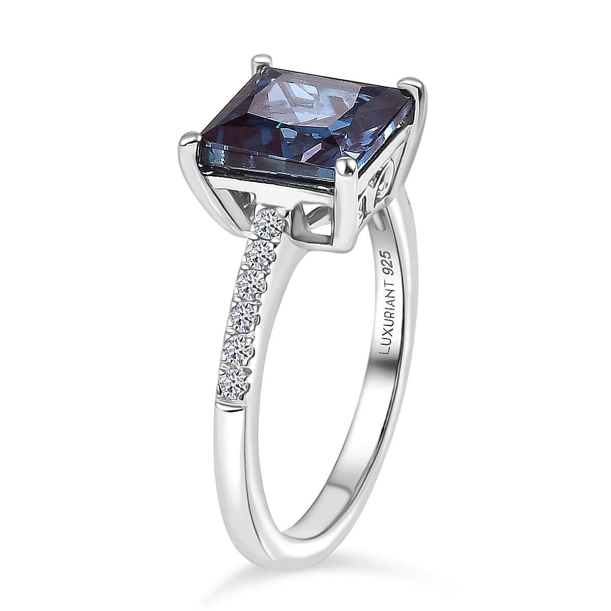 Luxuriant Lab Grown Alexandrite & Lab Grown Diamond Ring in Rhodium Overlay Sterling Silver 3.42 Ct.