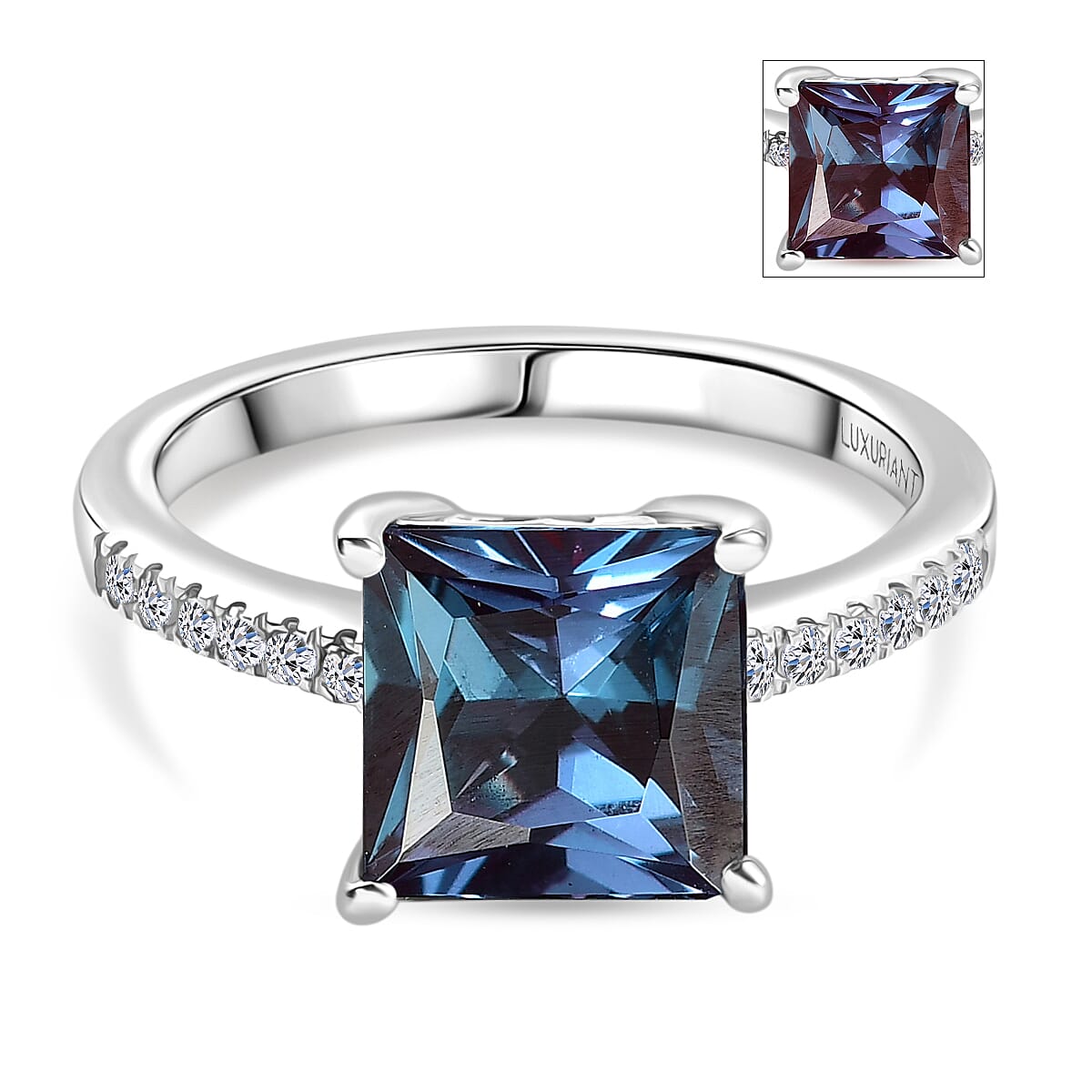 LUXURIANT 3.27 Ct. Lab Grown Alexandrite, Lab Grown Diamond Ring in Rhodium Overlay Sterling Silver