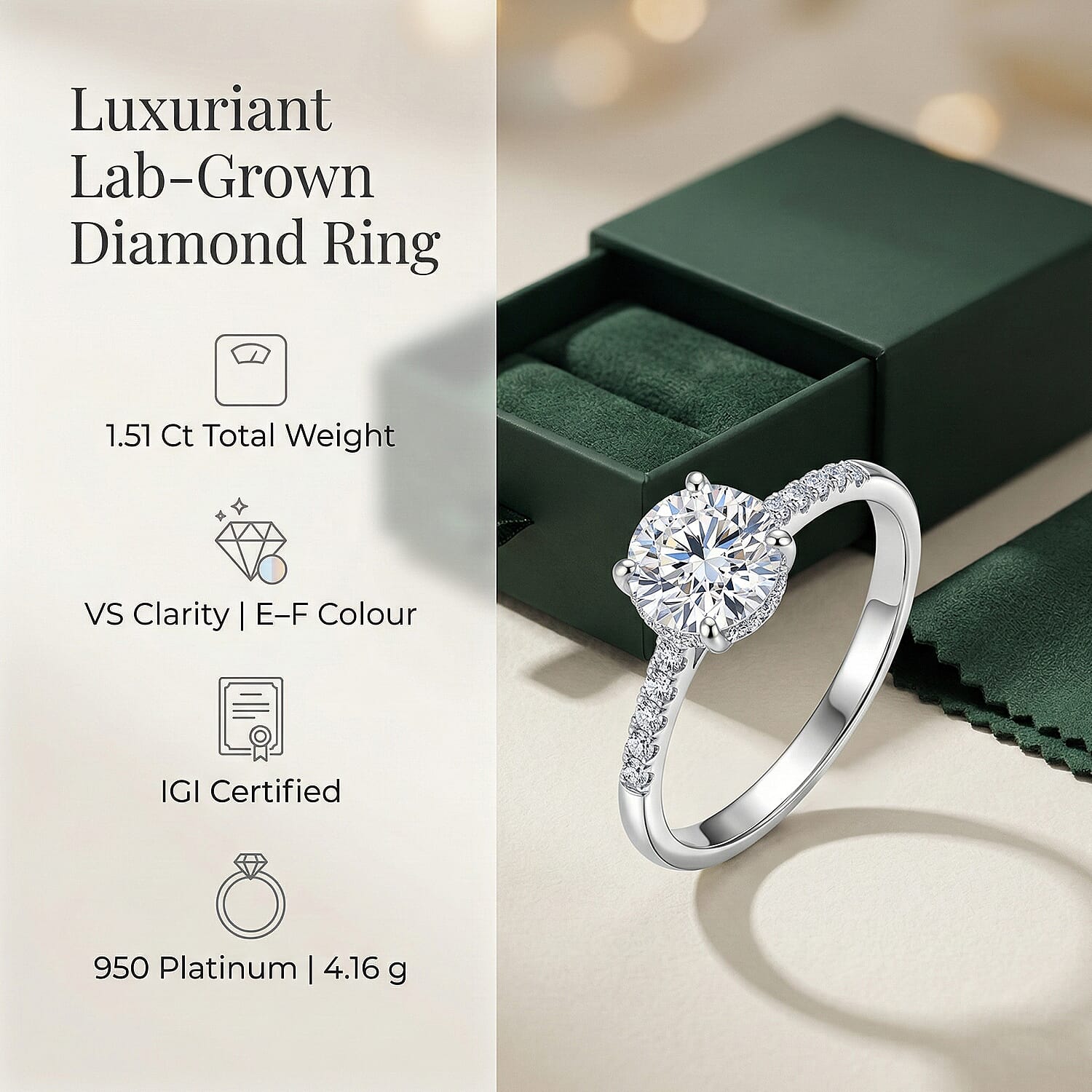 Luxuriant 950 Platinum IGI Certified Lab Grown Diamond (VS-EF) Ring 1.51 Ct, Platinum Wt. 4.16 Gms.