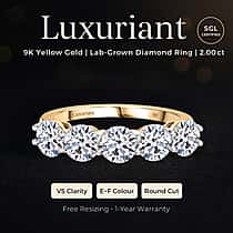 Luxuriant 9K Yellow Gold Round Cut SGL Certified Lab Grown Diamond (VS/EF) Ring 2.00 Ct.