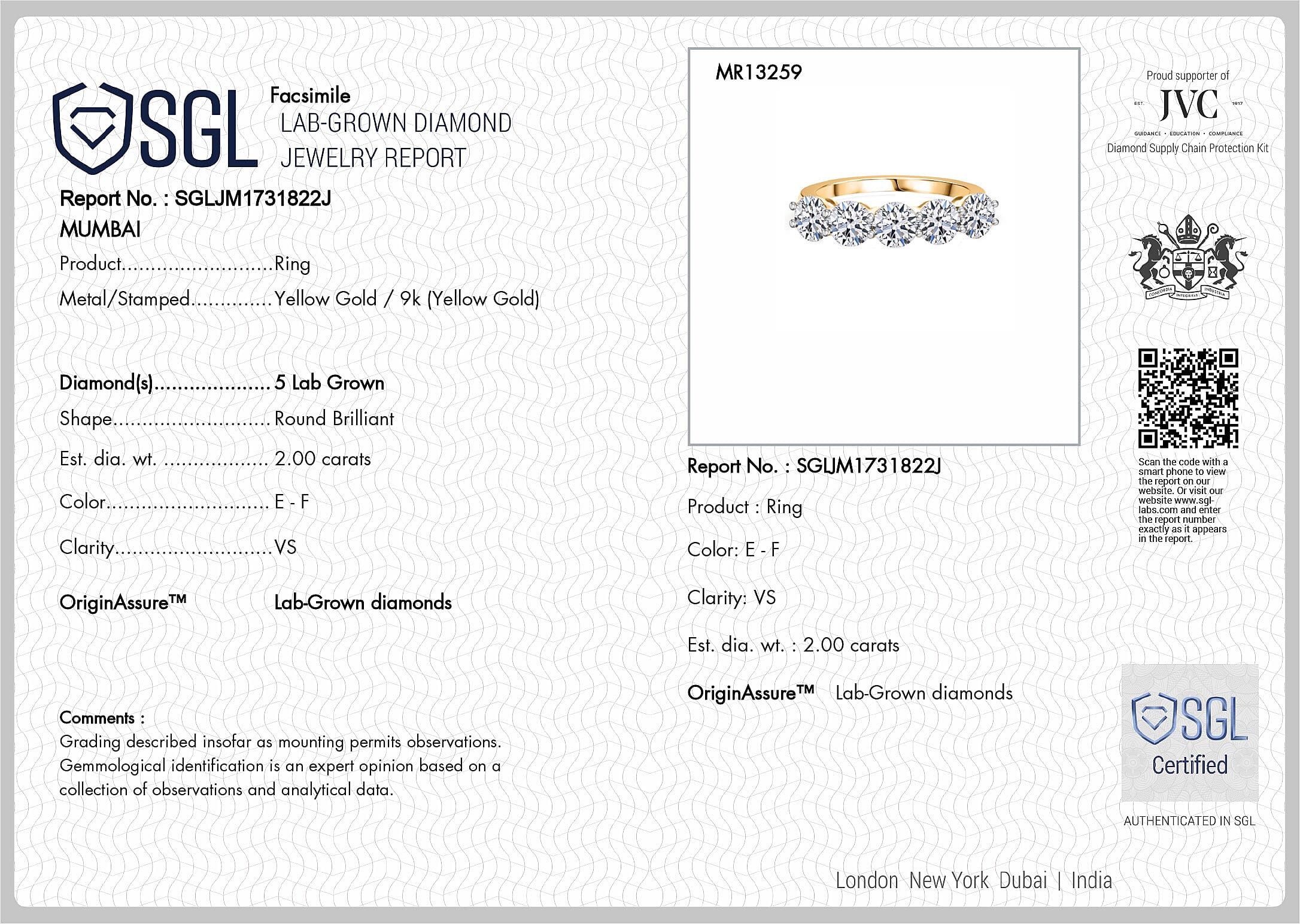 Luxuriant 9K Yellow Gold SGL Certified Lab Grown Diamond (VS-EF) 5 Stone Ring 2.00 Ct.