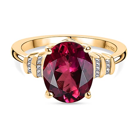 D'Joy Lab Grown Bixbite & White Diamond Ring in 18K Vermeil Yellow Gold Plated Sterling Silver 3.16 Ct.