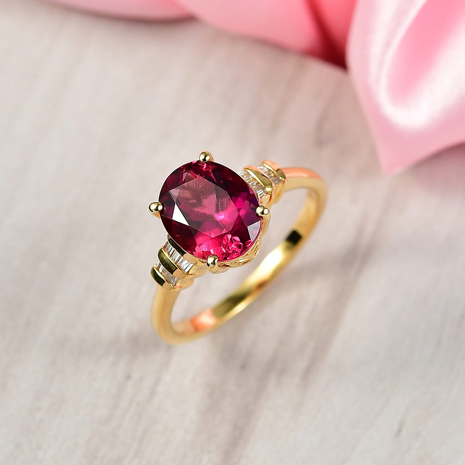 D'Joy Lab Grown Bixbite & White Diamond Ring in 18K Vermeil Yellow Gold Plated Sterling Silver 3.16 Ct.