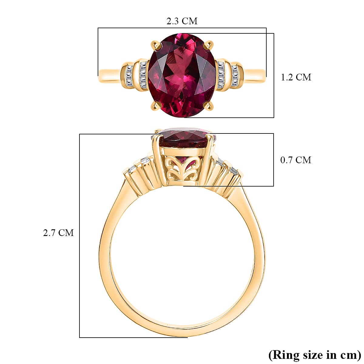 D'Joy Lab Grown Bixbite & White Diamond Ring in 18K Vermeil Yellow Gold Plated Sterling Silver 3.16 Ct.