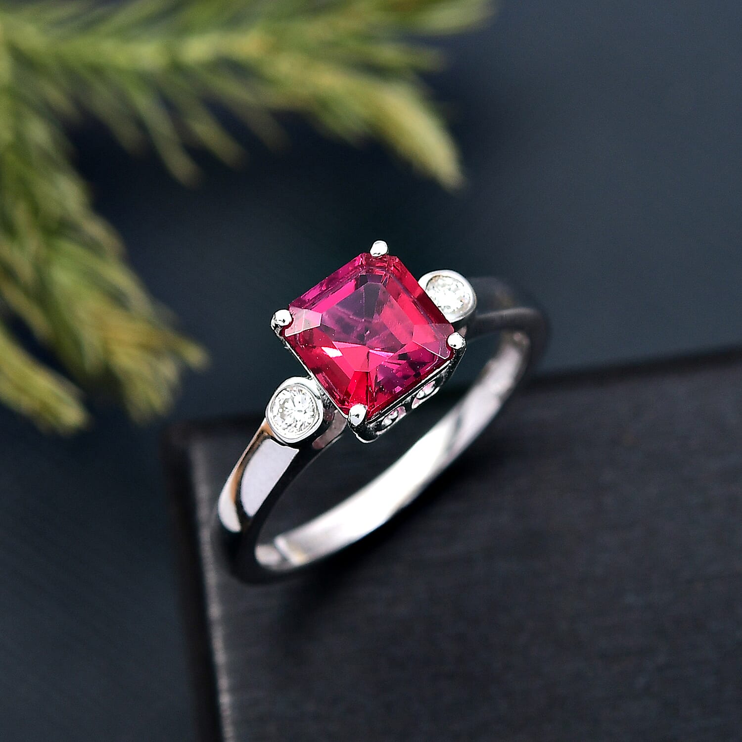 Luxuriant Lab Grown Bixbite & Lab Grown Diamond (SI-GH) Ring in Rhodium Overlay Sterling Silver 1.56 Ct.