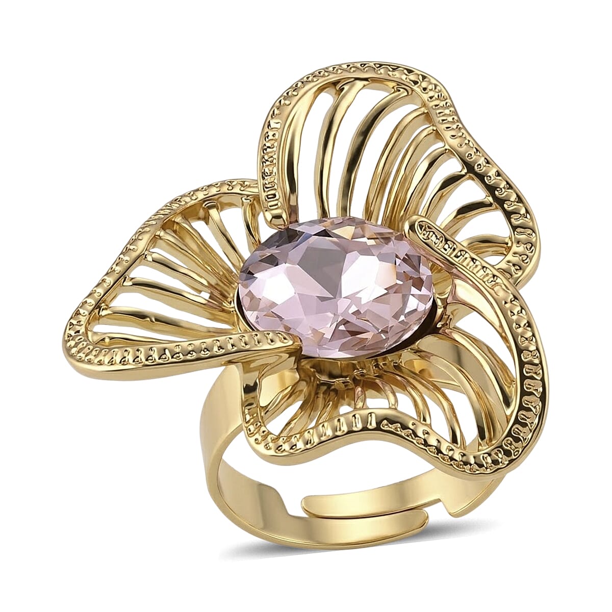 White Crystal Adjustable Solitaire Flower Ring (Size - R to S)