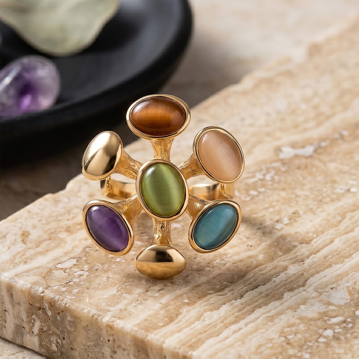 Created Multi Cat's Eye Adjustable Cluster Ring