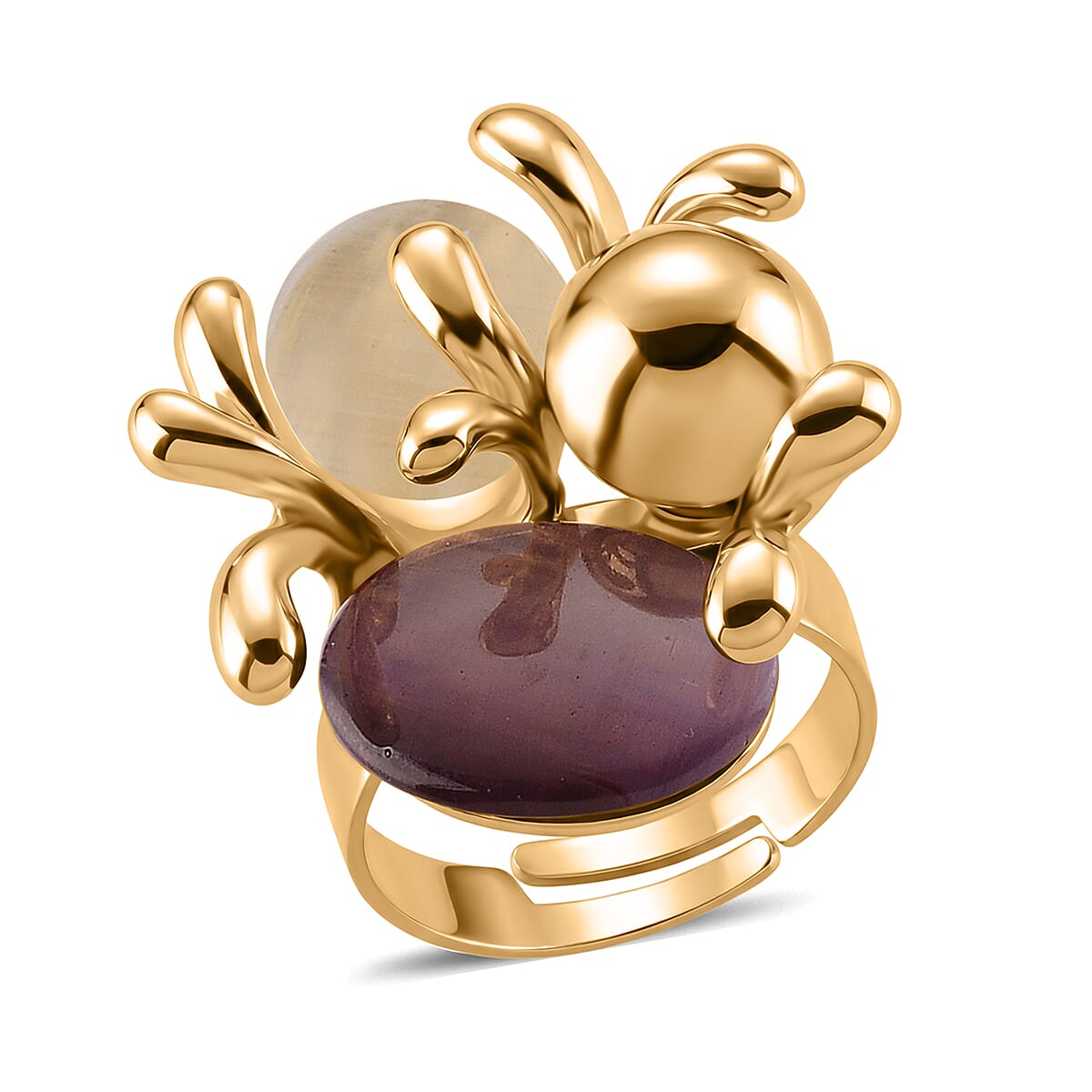 White & Purple Crystal Adjustable Ring (Size - N to Q) in Gold Tone