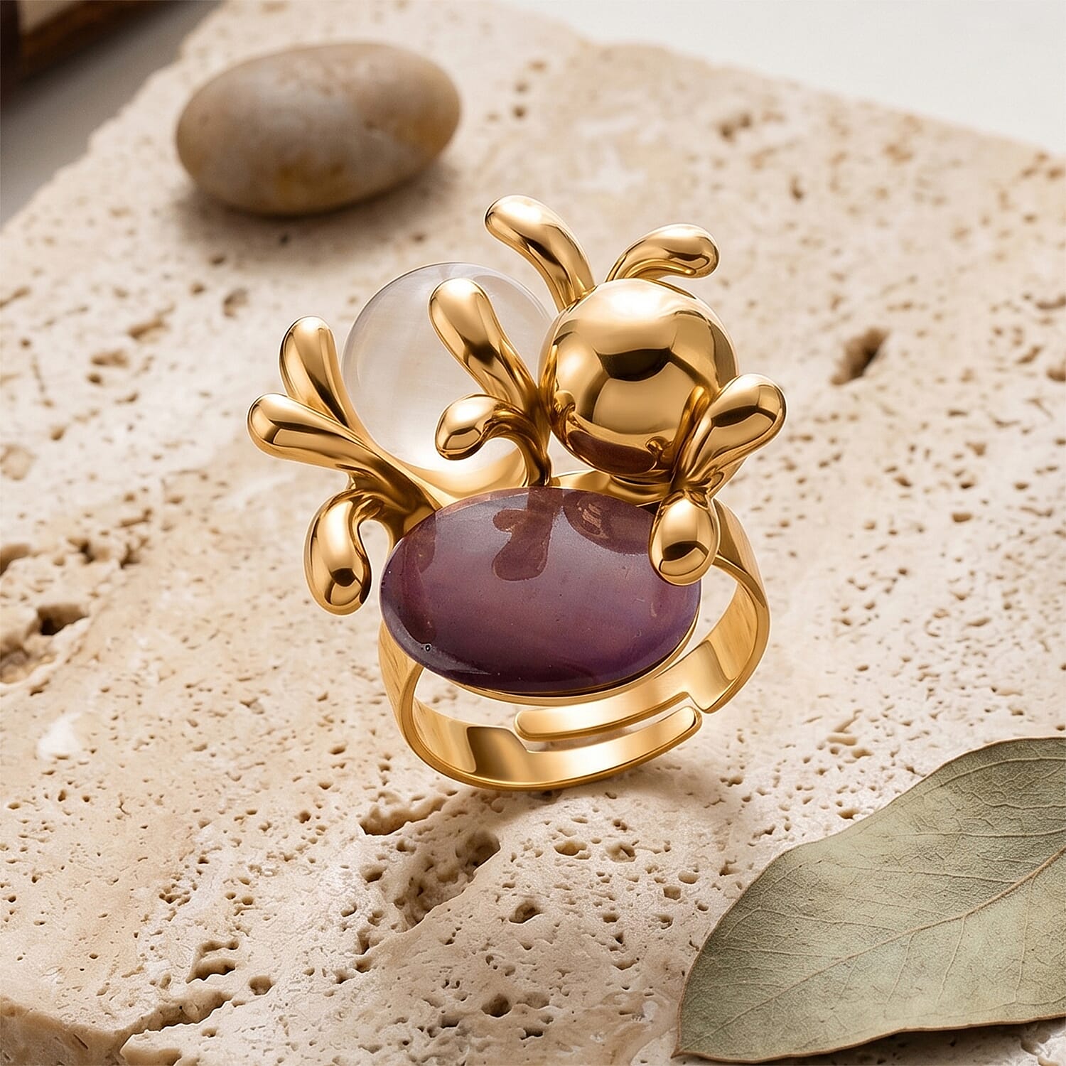 White & Purple Crystal Adjustable Ring (Size - N to Q) in Gold Tone