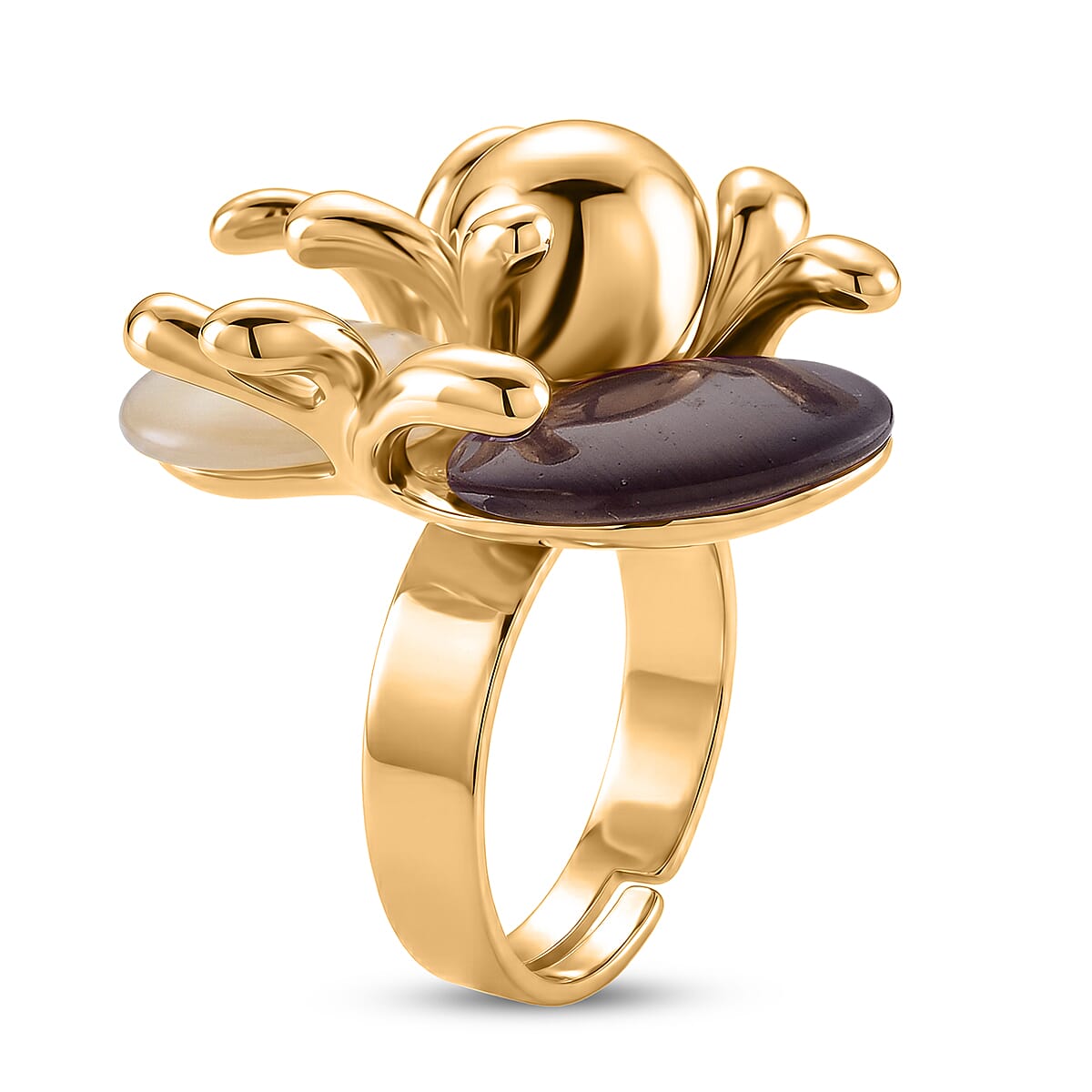 White & Purple Crystal Adjustable Ring (Size - N to Q) in Gold Tone