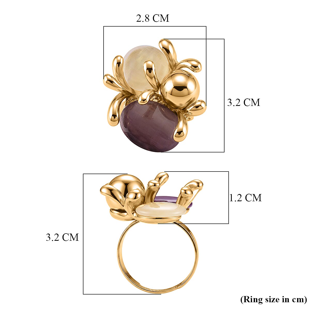 White & Purple Crystal Adjustable Ring (Size - N to Q) in Gold Tone