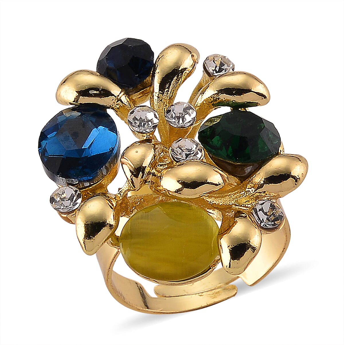 Multi Colour Crystal Adjustable Cluster Ring (Size - Q to S)