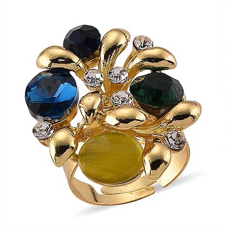 Multi Colour Crystal Adjustable Cluster Ring (Size - Q to S)