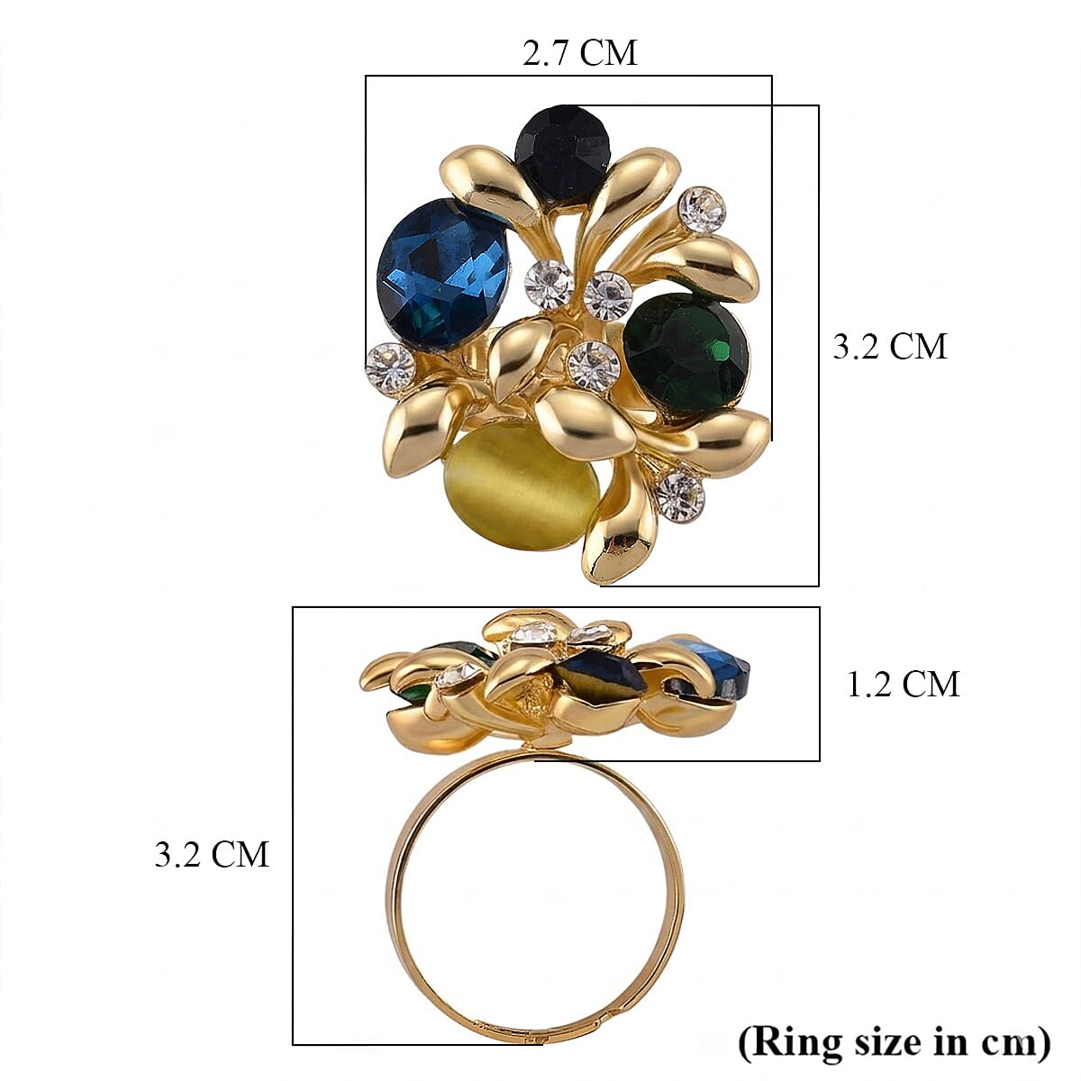 Multi Colour Crystal Adjustable Cluster Ring (Size - Q to S)