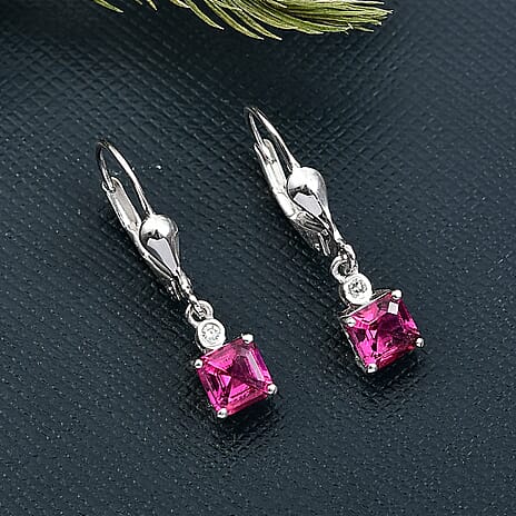 Luxuriant Lab Grown Bixbite & Lab Grown Diamond (SI-GH) Lever Back Earring in Rhodium Overlay Sterling Silver 1.23 Ct.