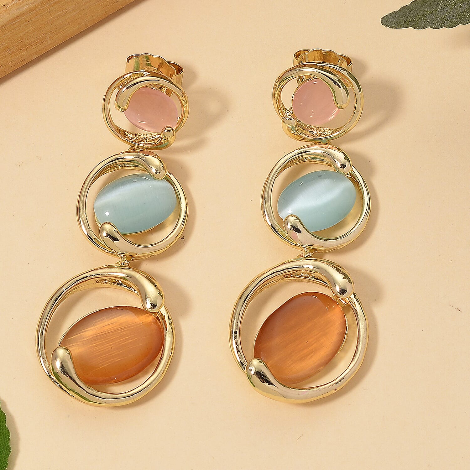 Created Multi Cat's Eye Dangling Earring with Push Back 12.00 Ct.