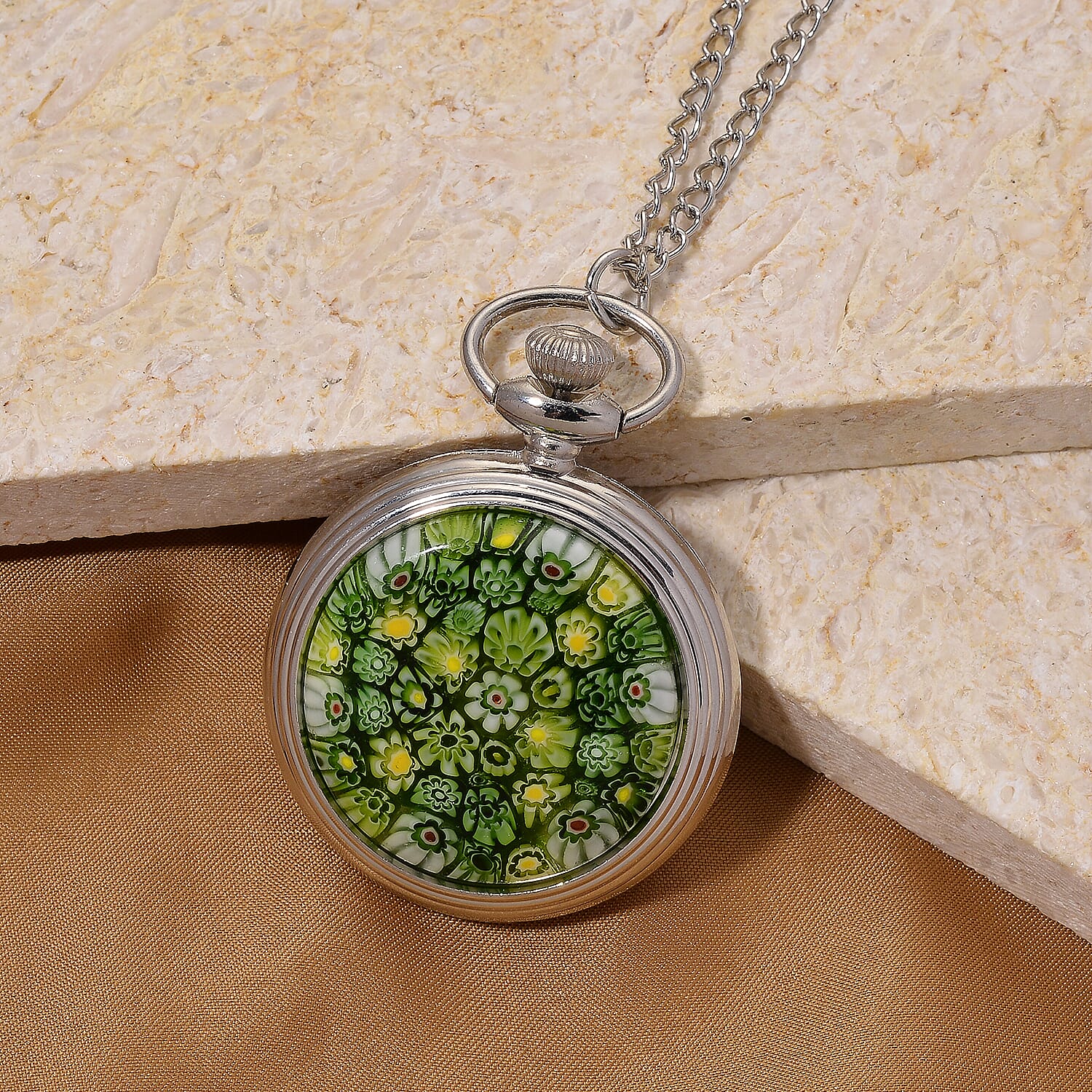 STRADA Murano Style Glass Pocket Watch 3ATM WR with  Chain